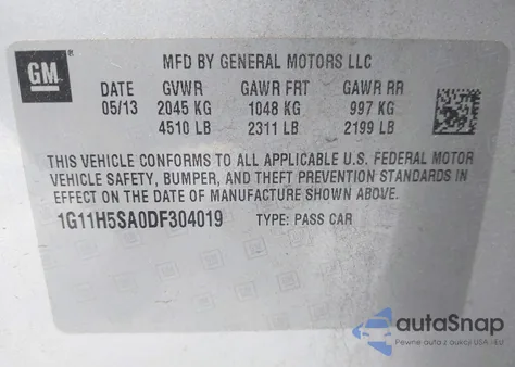 2013 Chevrolet Malibu 1Lz z USA, uszkodzony, nr VIN 1G11H5SA0DF304019